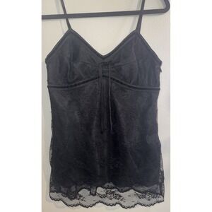 Vtg XS Y2K Black Lace Velvet Trim Babydoll Top Bow Whimsigoth Coquette Fairy